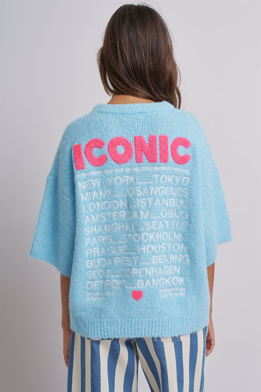 Iconic City Graphic Back Knit Sweater in Blue - Women's SWEATERS | Urban Daizy