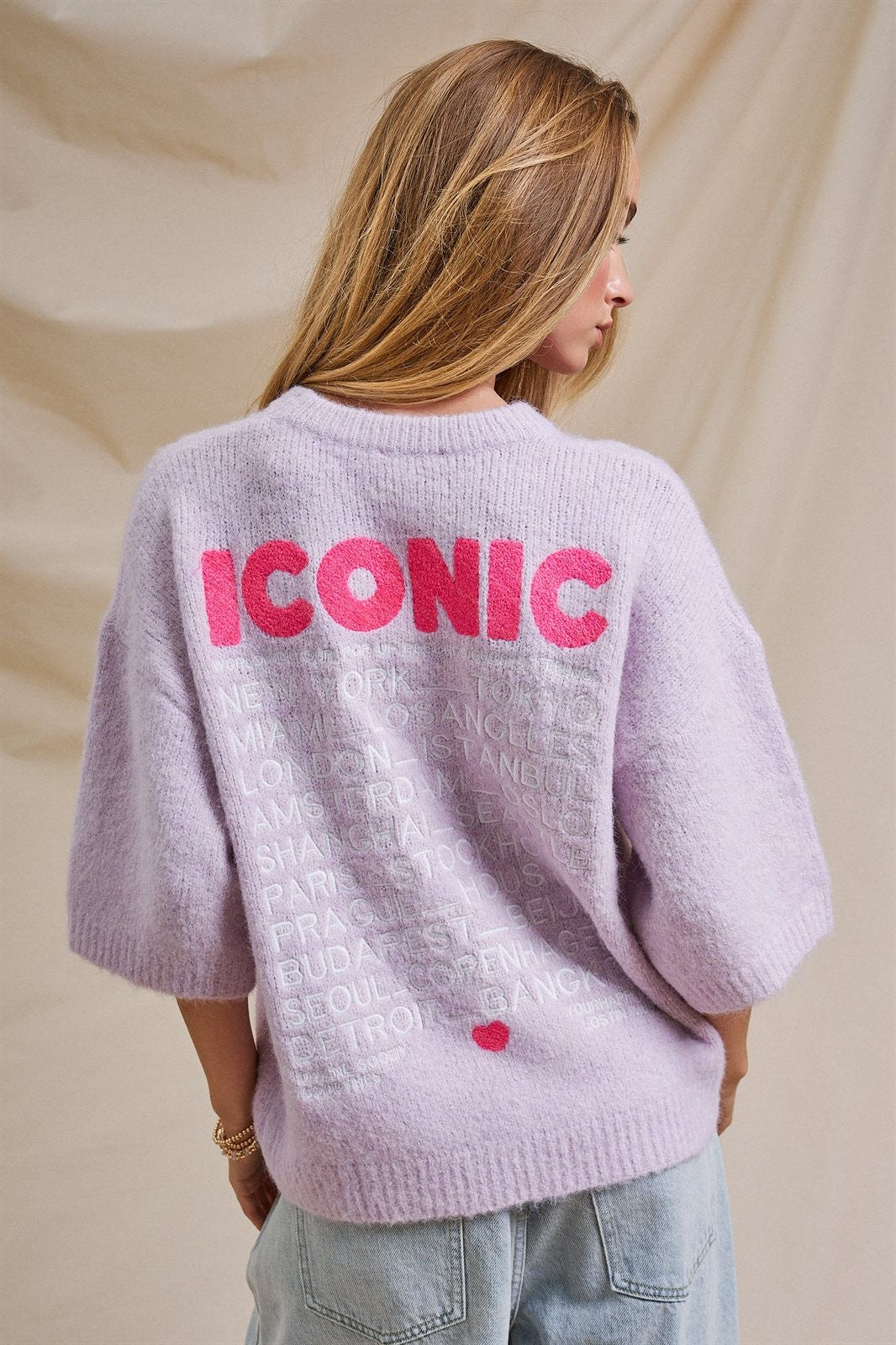 Iconic City Graphic Back Knit Sweater in Light Purple - Women's SWEATERS | Urban Daizy