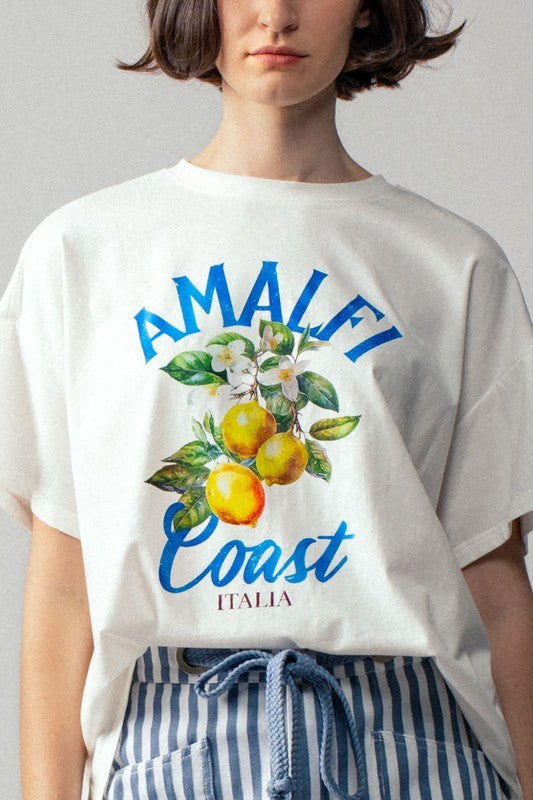 Amalfi Coast Lemon Graphic Oversized Cotton Tee in White - Women's Fashion | Urban Daizy