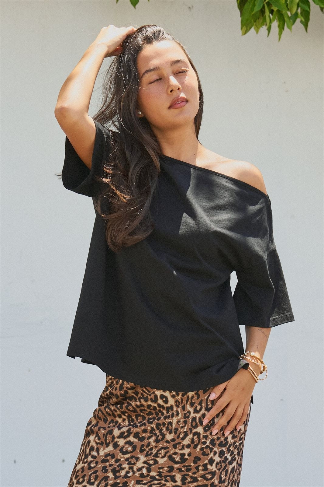 Asymmetrical Off-Shoulder Boxy Cotton Tee in Black - Women's Fashion | Urban Daizy