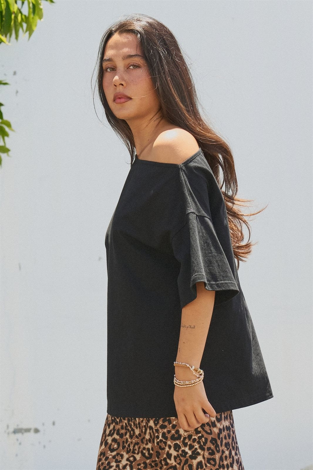 Asymmetrical Off-Shoulder Boxy Cotton Tee in Black - Women's Fashion | Urban Daizy