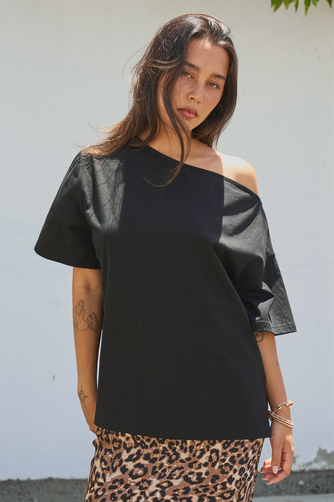 Asymmetrical Off-Shoulder Boxy Cotton Tee in Black - Women's Fashion | Urban Daizy