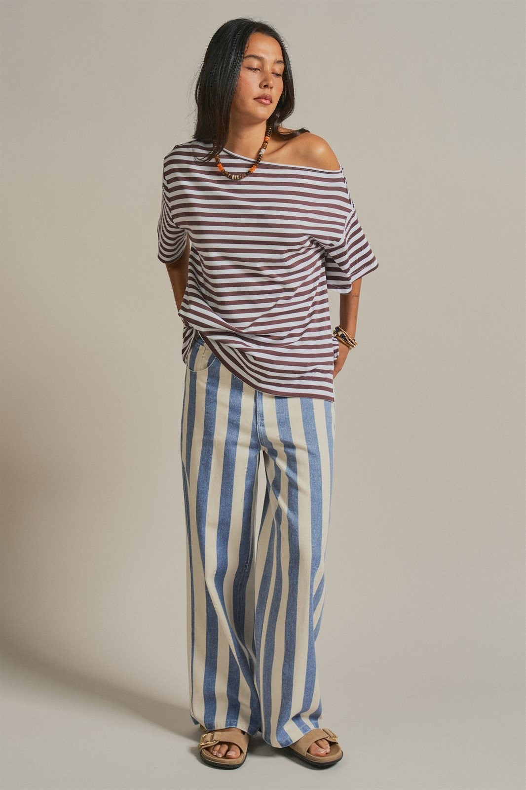 Asymmetrical Off-Shoulder Boxy Cotton Tee in Brown Stripe - Women's Fashion | Urban Daizy