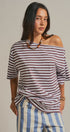 Asymmetrical Off-Shoulder Boxy Cotton Tee in Brown Stripe - Women's Fashion | Urban Daizy