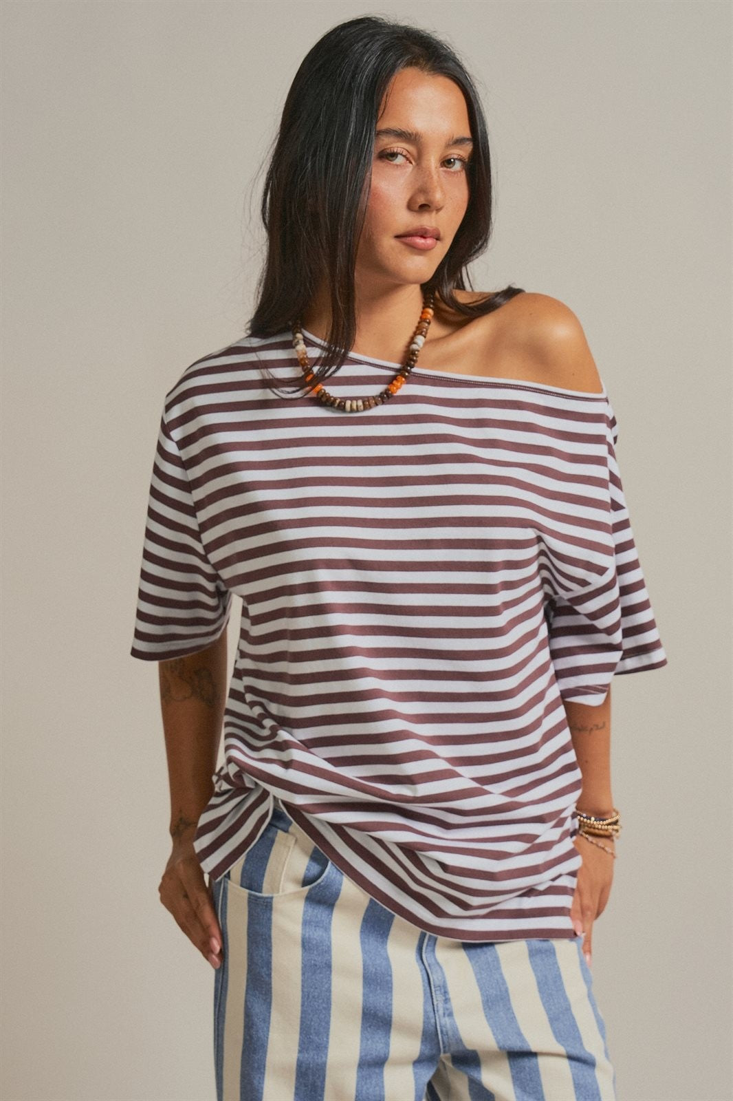 Asymmetrical Off-Shoulder Boxy Cotton Tee in Brown Stripe - Women's Fashion | Urban Daizy