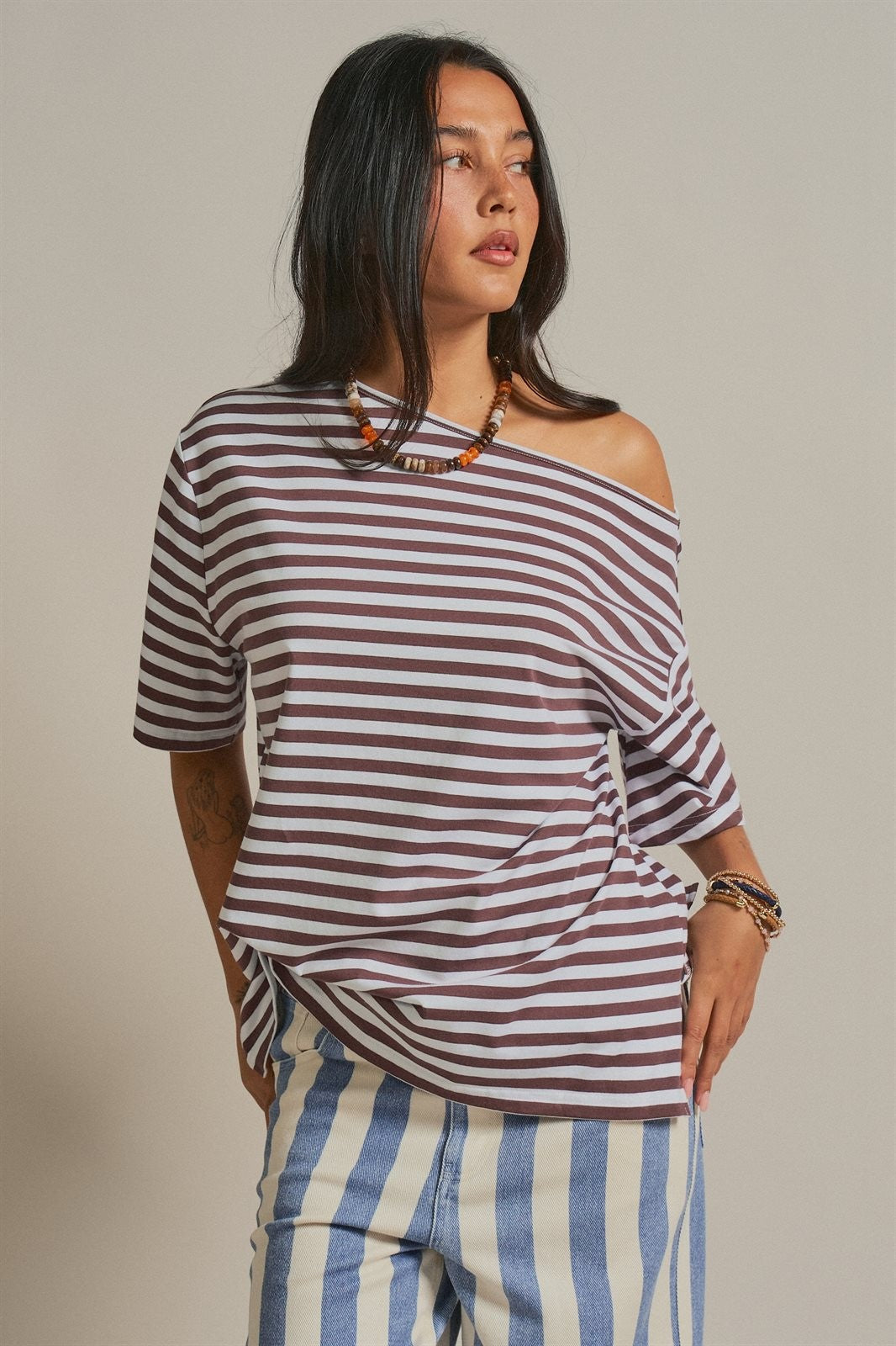 Asymmetrical Off-Shoulder Boxy Cotton Tee in Brown Stripe - Women's Fashion | Urban Daizy