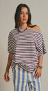 Asymmetrical Off-Shoulder Boxy Cotton Tee in Brown Stripe - Women's Fashion | Urban Daizy