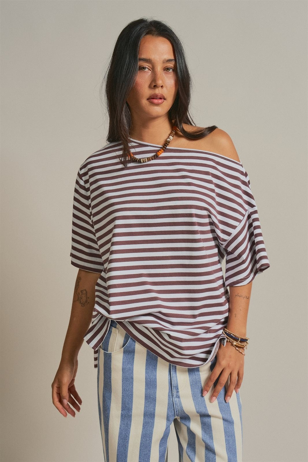 Asymmetrical Off-Shoulder Boxy Cotton Tee in Brown Stripe - Women's Fashion | Urban Daizy
