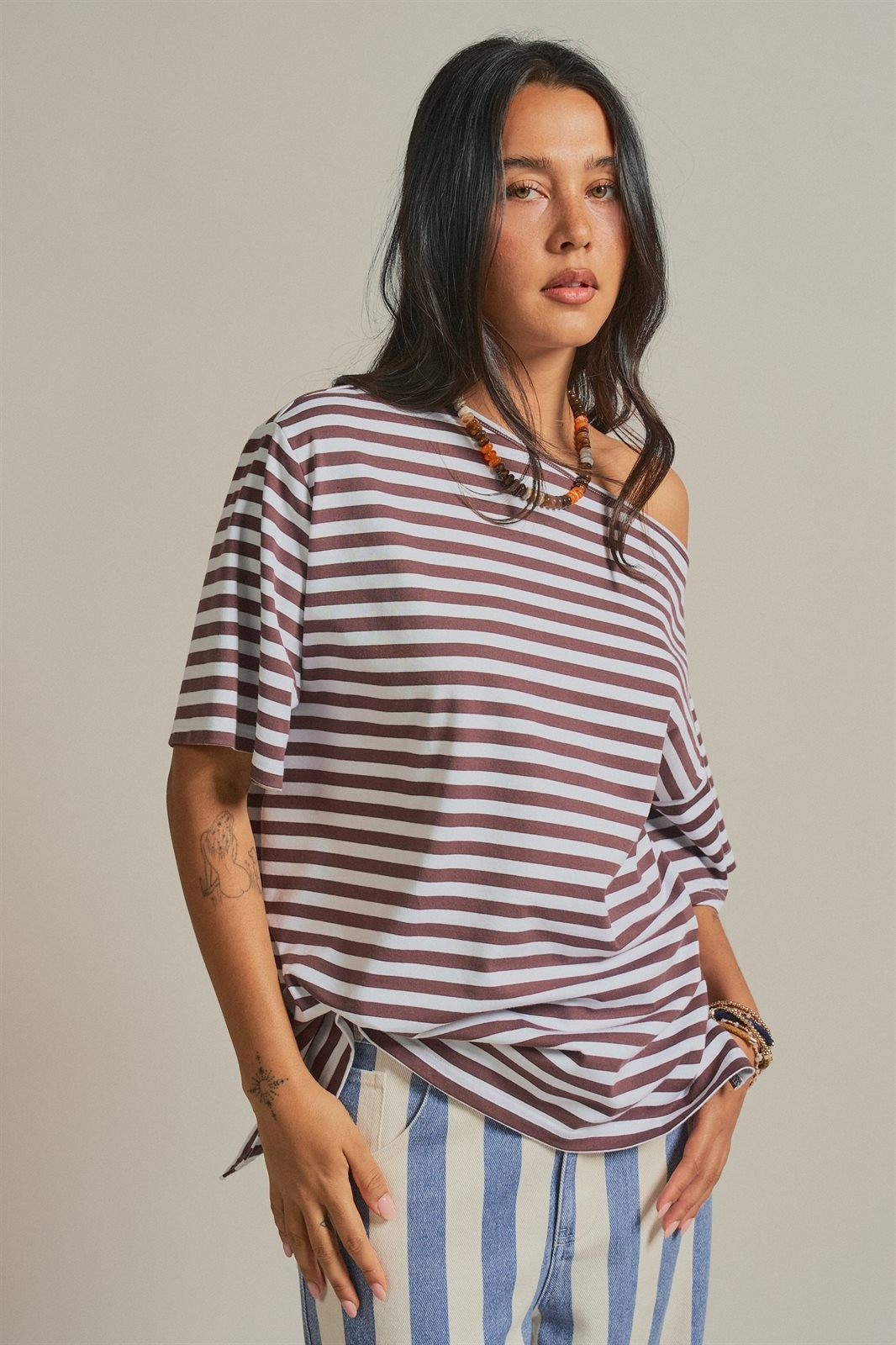 Asymmetrical Off-Shoulder Boxy Cotton Tee in Brown Stripe - Women's Fashion | Urban Daizy