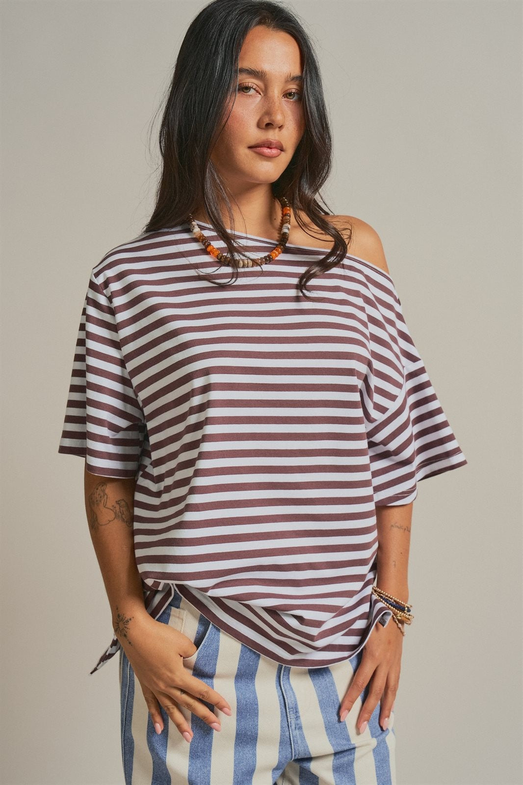 Asymmetrical Off-Shoulder Boxy Cotton Tee in Brown Stripe - Women's Fashion | Urban Daizy