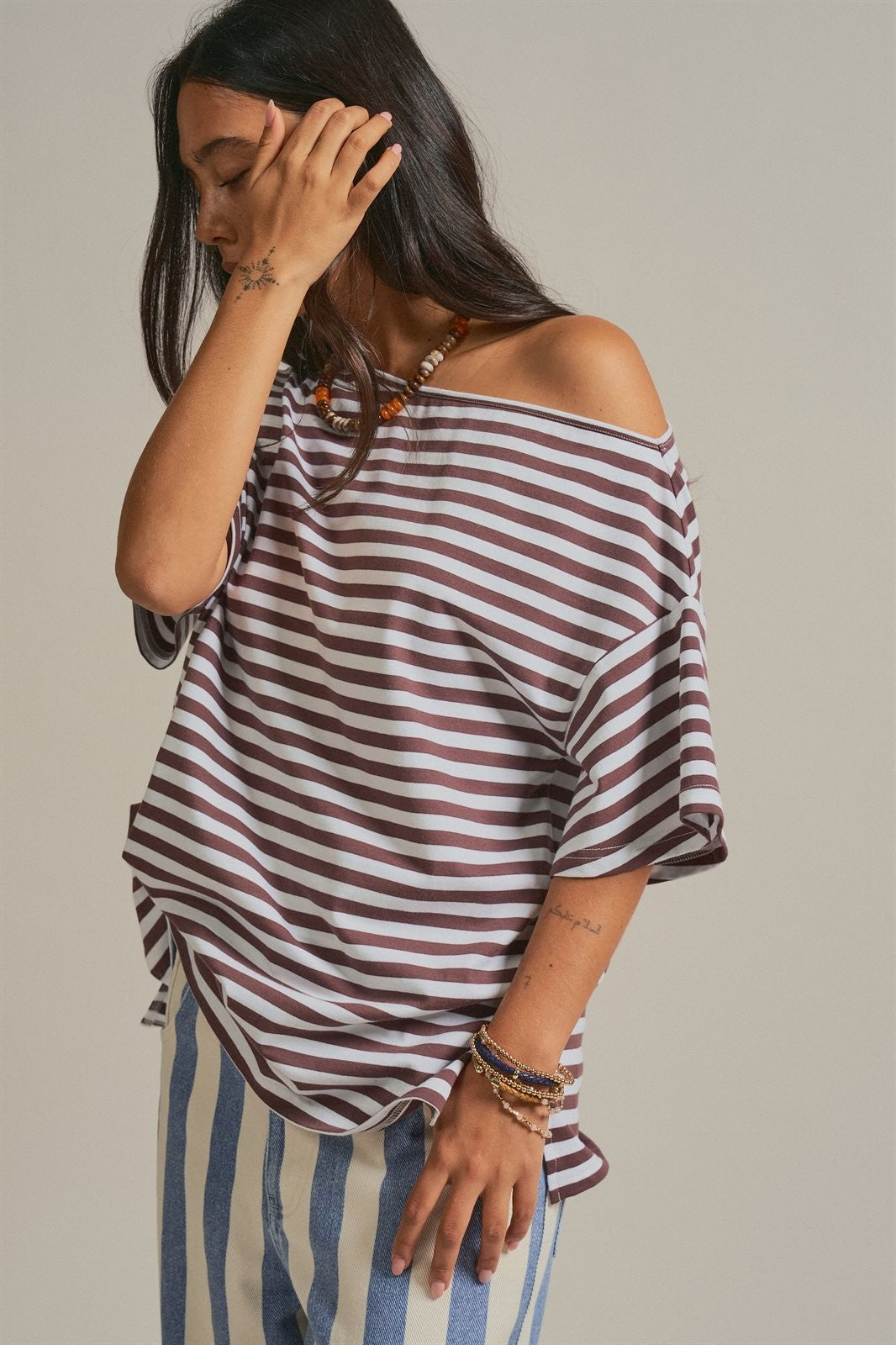 Asymmetrical Off-Shoulder Boxy Cotton Tee in Brown Stripe - Women's Fashion | Urban Daizy