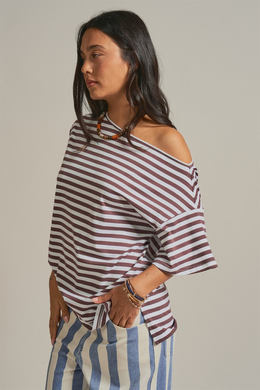 Asymmetrical Off-Shoulder Boxy Cotton Tee in Brown Stripe - Women's Fashion | Urban Daizy