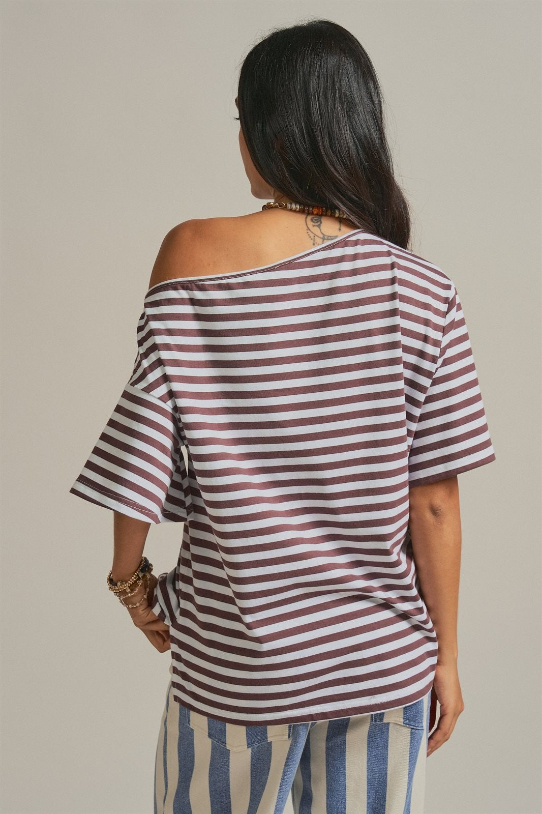 Asymmetrical Off-Shoulder Boxy Cotton Tee in Brown Stripe - Women's Fashion | Urban Daizy