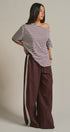 Asymmetrical Off-Shoulder Boxy Cotton Tee in Brown Stripe - Women's Fashion | Urban Daizy