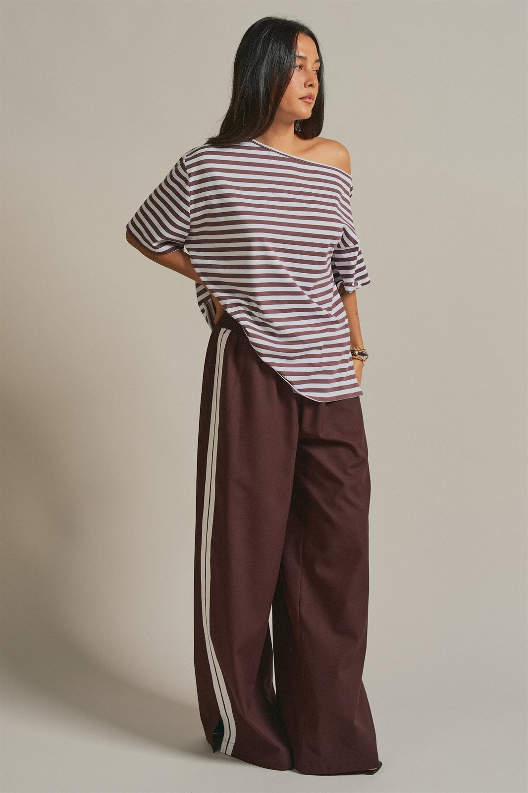Asymmetrical Off-Shoulder Boxy Cotton Tee in Brown Stripe - Women's Fashion | Urban Daizy