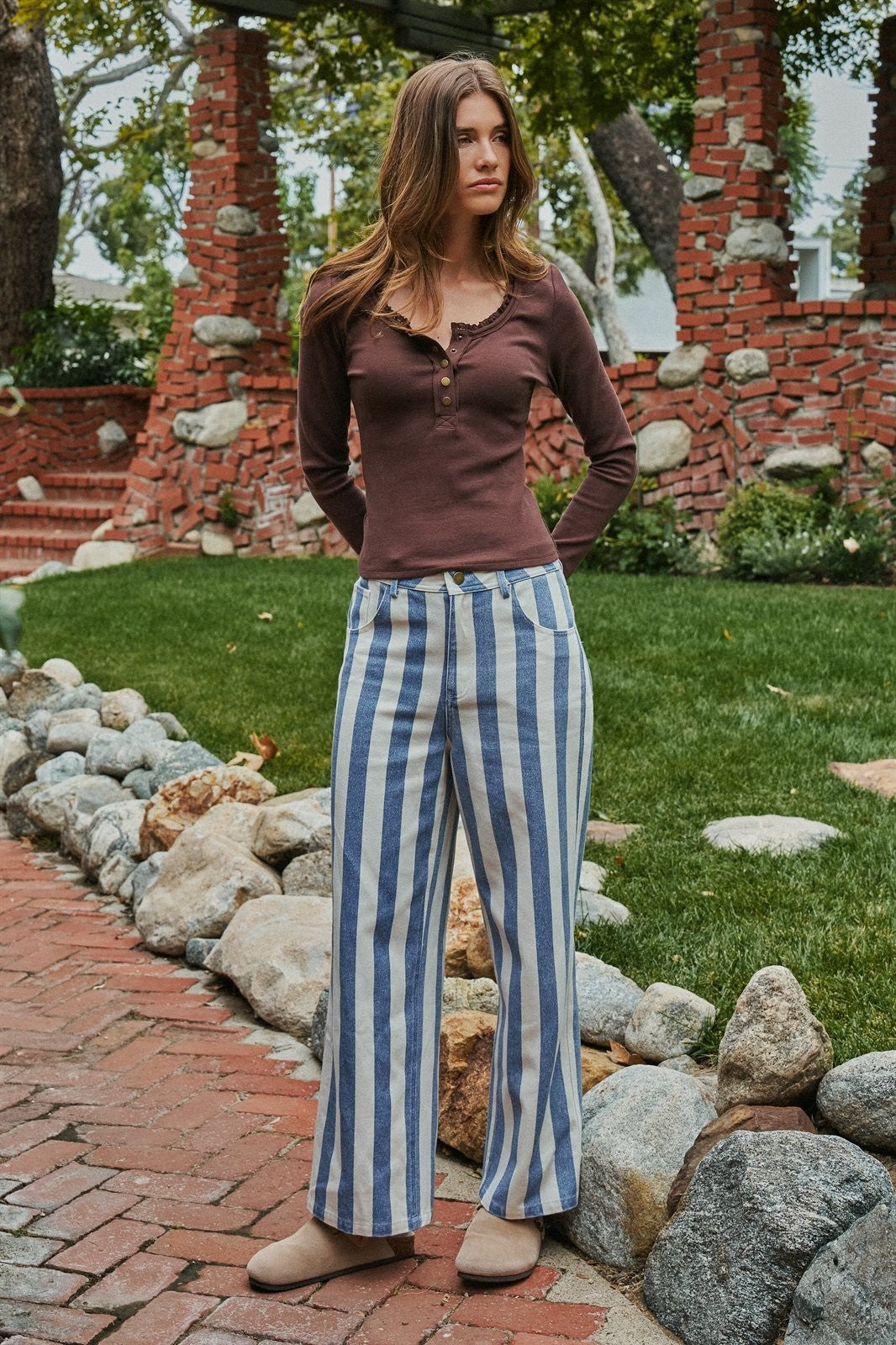 Ribbed Henley Top with Crochet Trim Neckline in Brown - Women's T-Shirts & Polos | Urban Daizy