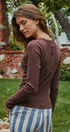 Ribbed Henley Top with Crochet Trim Neckline in Brown - Women's T-Shirts & Polos | Urban Daizy