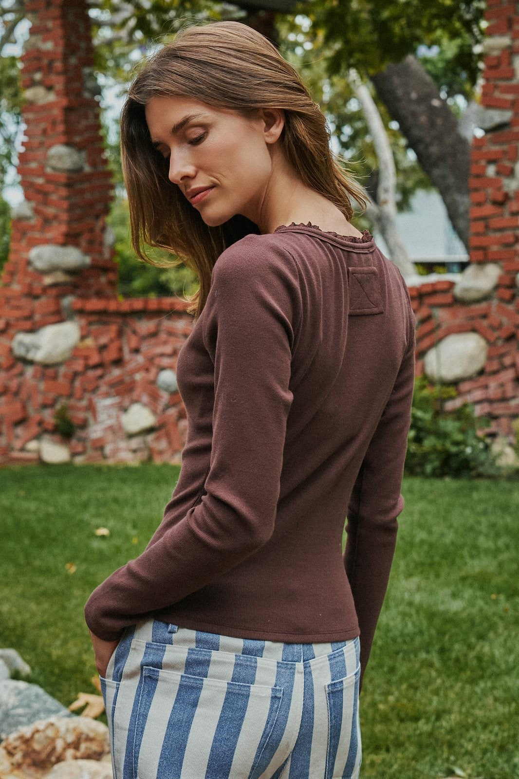 Ribbed Henley Top with Crochet Trim Neckline in Brown - Women's T-Shirts & Polos | Urban Daizy