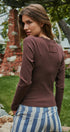 Ribbed Henley Top with Crochet Trim Neckline in Brown - Women's T-Shirts & Polos | Urban Daizy