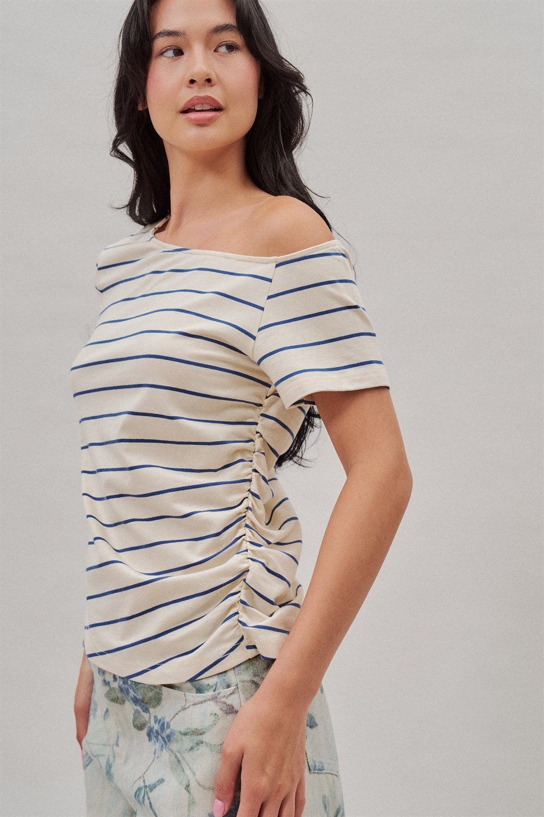 Striped Off Shoulder Ruched Cotton Tee in Ivory - Women's T-Shirts & Polos | Urban Daizy