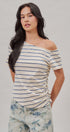 Striped Off Shoulder Ruched Cotton Tee in Ivory - Women's T-Shirts & Polos | Urban Daizy