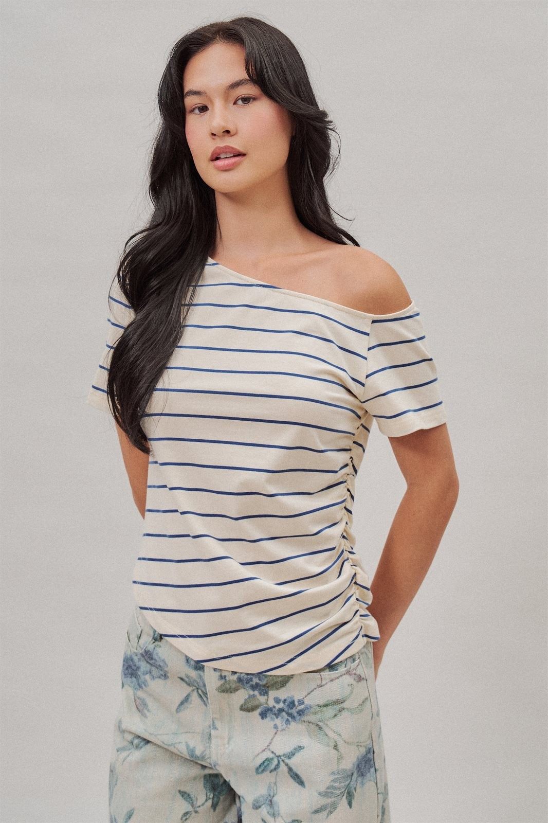 Striped Off Shoulder Ruched Cotton Tee in Ivory - Women's T-Shirts & Polos | Urban Daizy