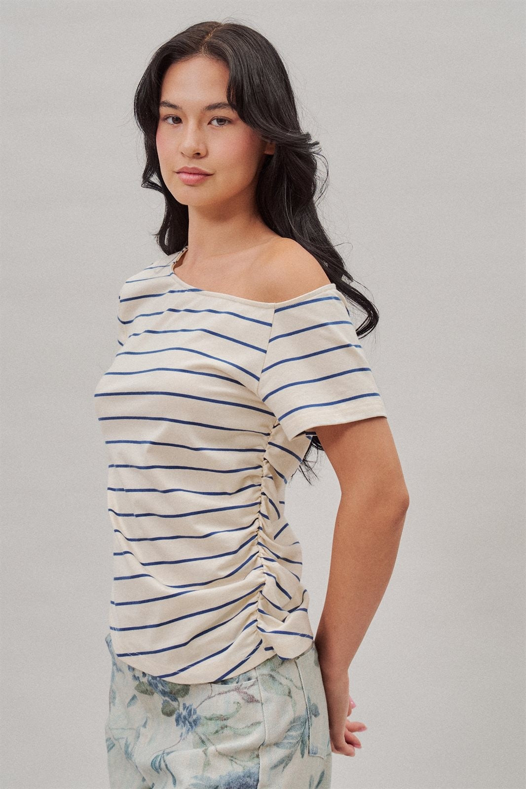 Striped Off Shoulder Ruched Cotton Tee in Ivory - Women's T-Shirts & Polos | Urban Daizy