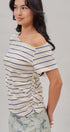 Striped Off Shoulder Ruched Cotton Tee in Ivory - Women's T-Shirts & Polos | Urban Daizy