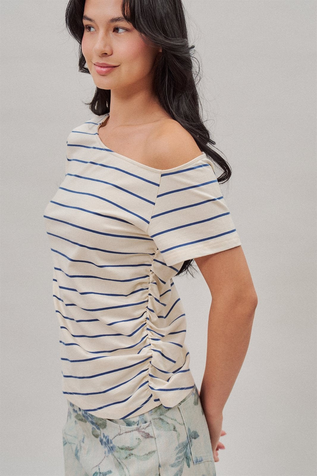 Striped Off Shoulder Ruched Cotton Tee in Ivory - Women's T-Shirts & Polos | Urban Daizy