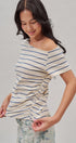 Striped Off Shoulder Ruched Cotton Tee in Ivory - Women's T-Shirts & Polos | Urban Daizy