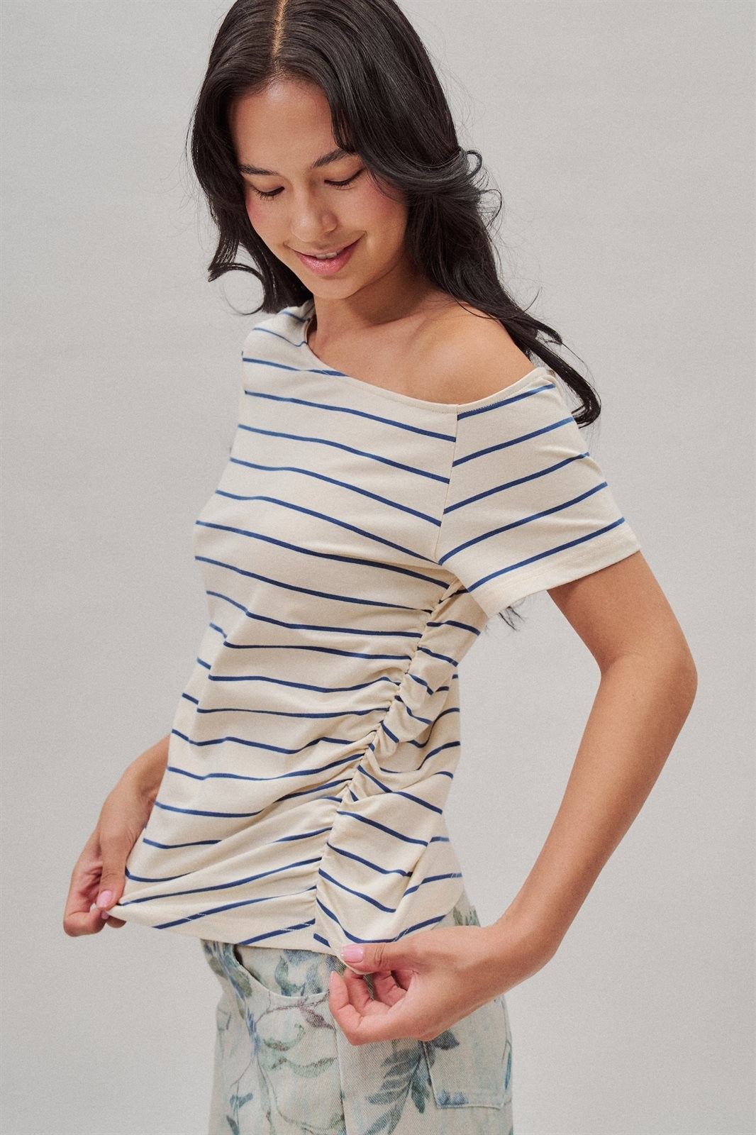Striped Off Shoulder Ruched Cotton Tee in Ivory - Women's T-Shirts & Polos | Urban Daizy