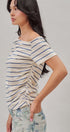 Striped Off Shoulder Ruched Cotton Tee in Ivory - Women's T-Shirts & Polos | Urban Daizy