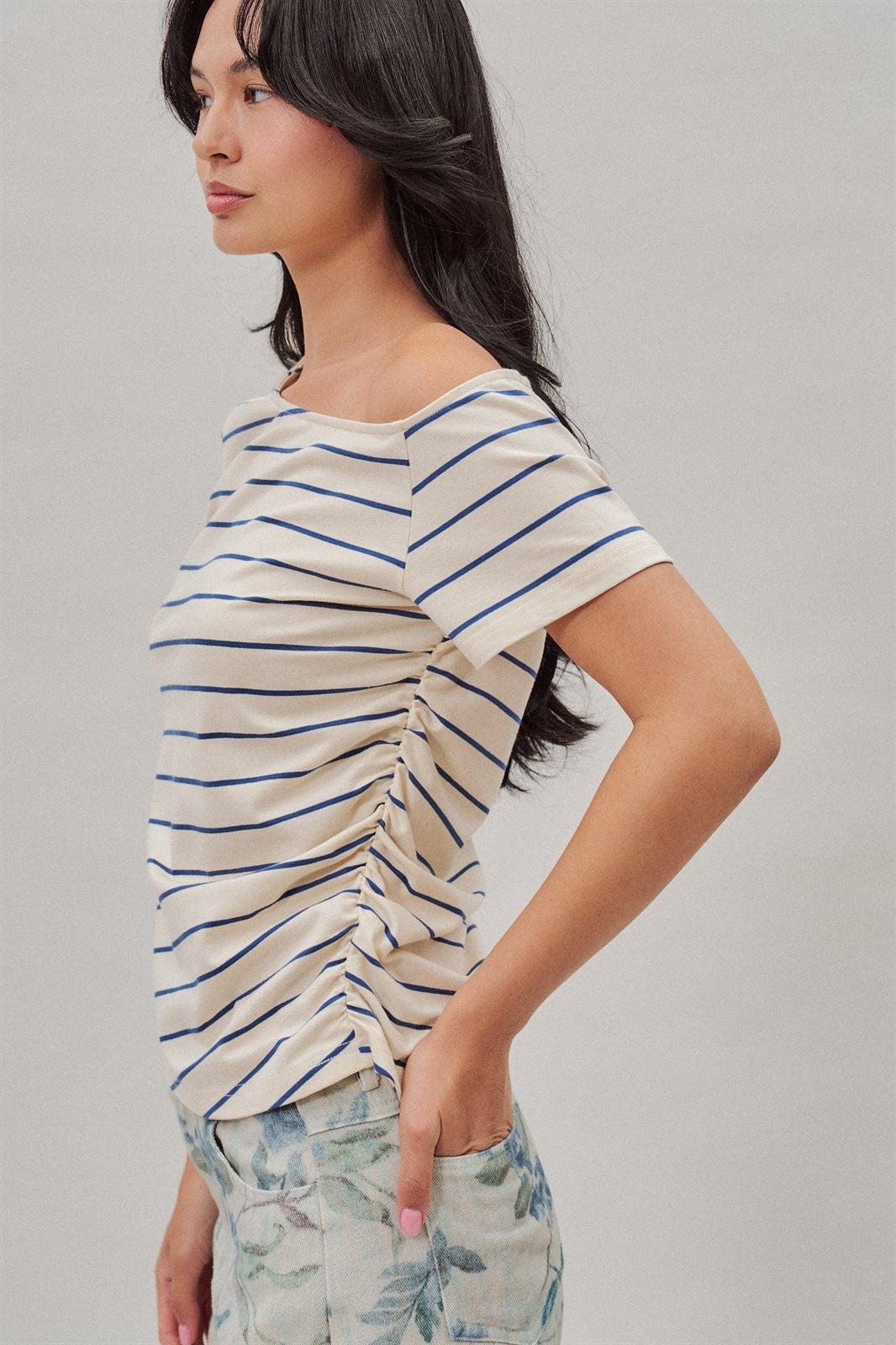 Striped Off Shoulder Ruched Cotton Tee in Ivory - Women's T-Shirts & Polos | Urban Daizy