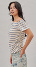 Striped Off Shoulder Ruched Cotton Tee in Ivory - Women's T-Shirts & Polos | Urban Daizy