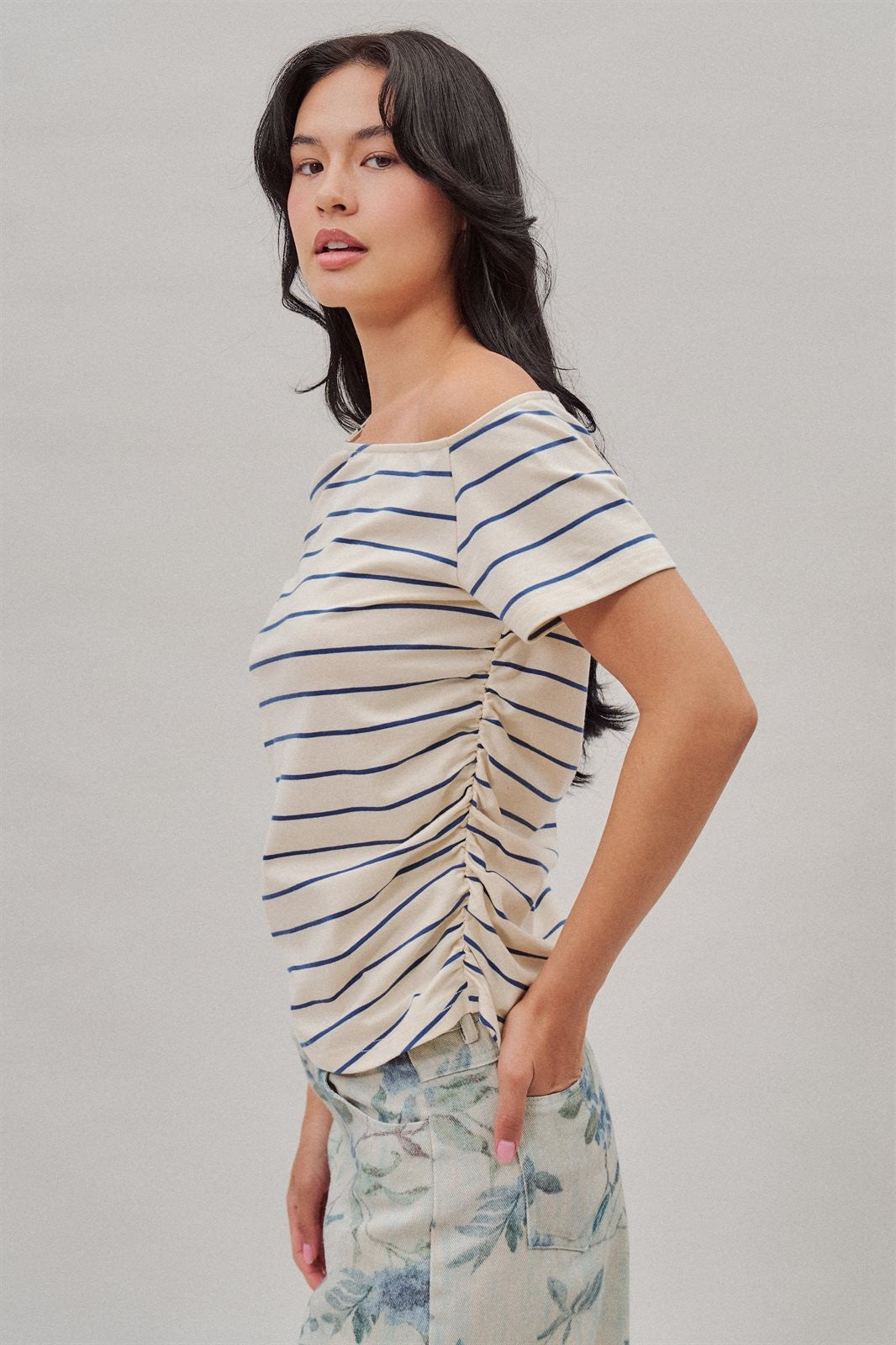 Striped Off Shoulder Ruched Cotton Tee in Ivory - Women's T-Shirts & Polos | Urban Daizy