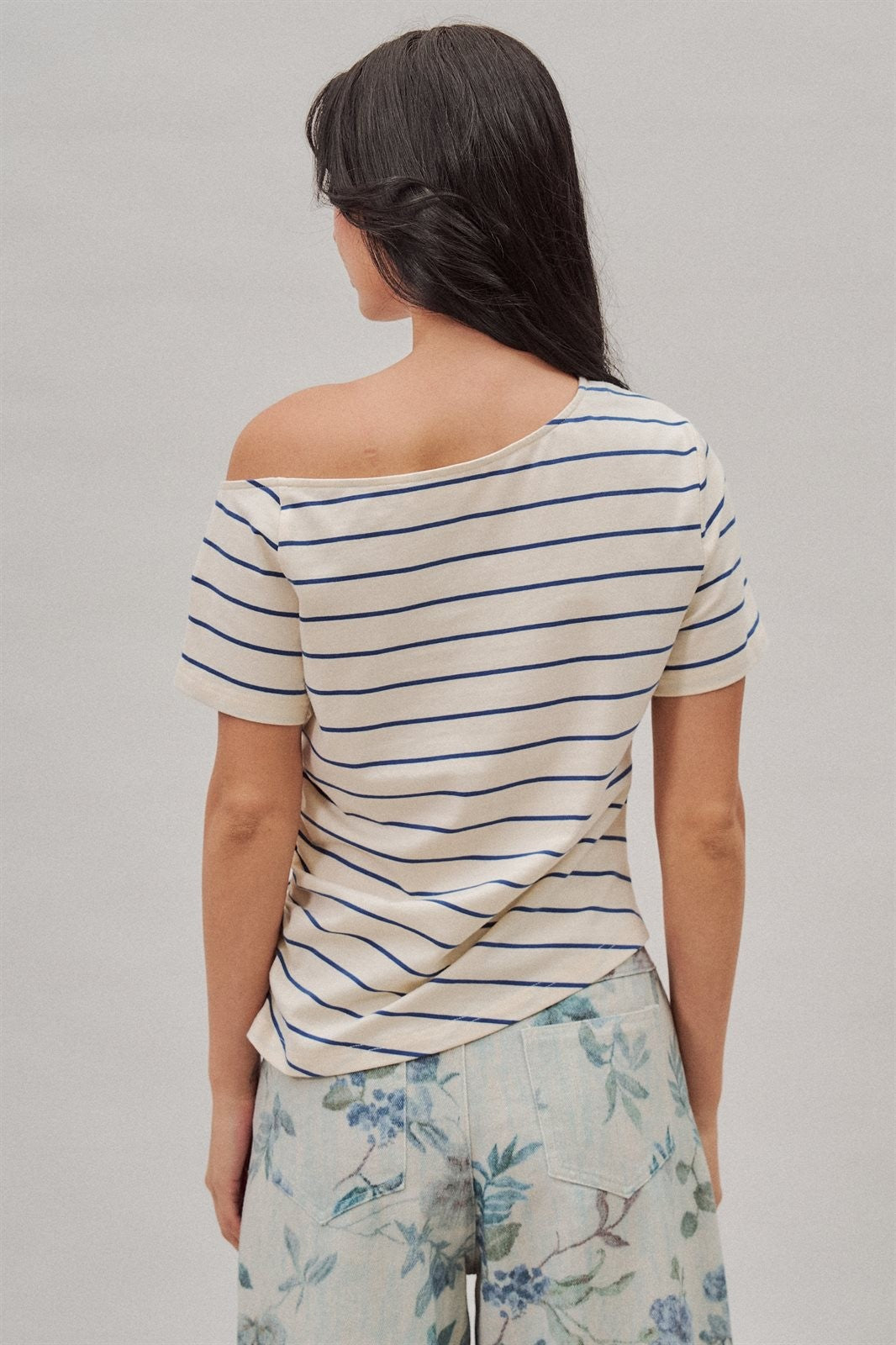 Striped Off Shoulder Ruched Cotton Tee in Ivory - Women's T-Shirts & Polos | Urban Daizy