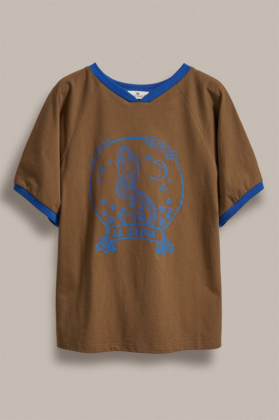 La Sirena Mermaid Graphic Ringer Tee in Brown - Women's Fashion | Urban Daizy