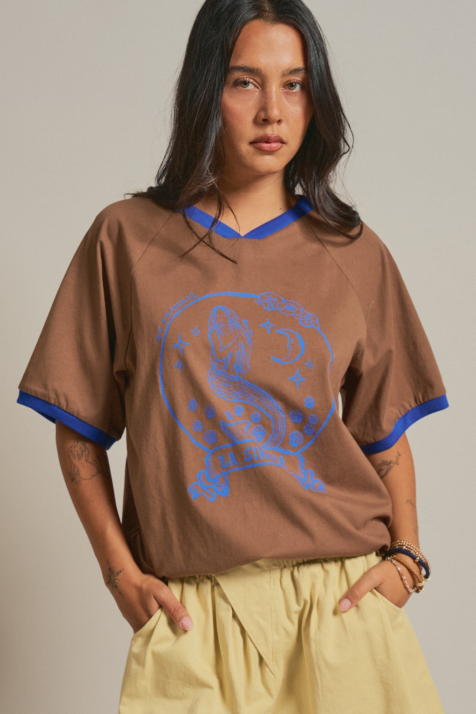 La Sirena Mermaid Graphic Ringer Tee in Brown - Women's Fashion | Urban Daizy