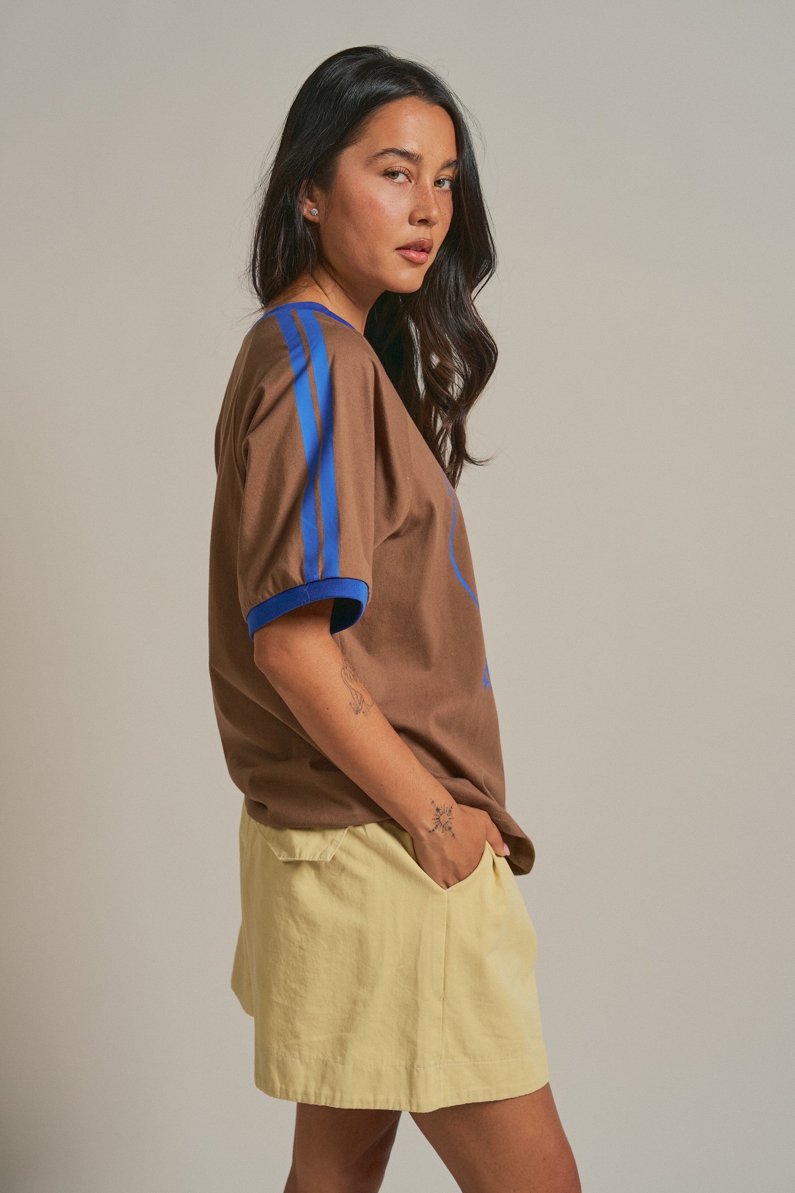 La Sirena Mermaid Graphic Ringer Tee in Brown - Women's Fashion | Urban Daizy