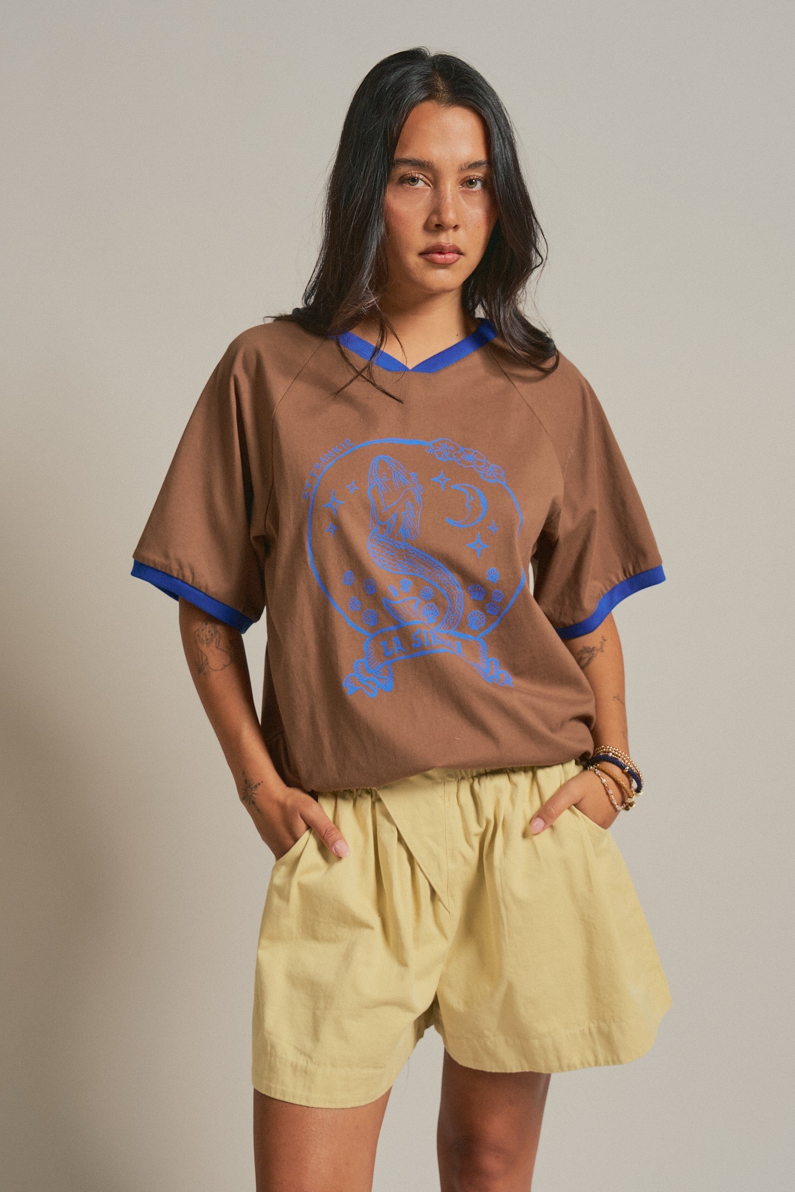 La Sirena Mermaid Graphic Ringer Tee in Brown - Women's Fashion | Urban Daizy