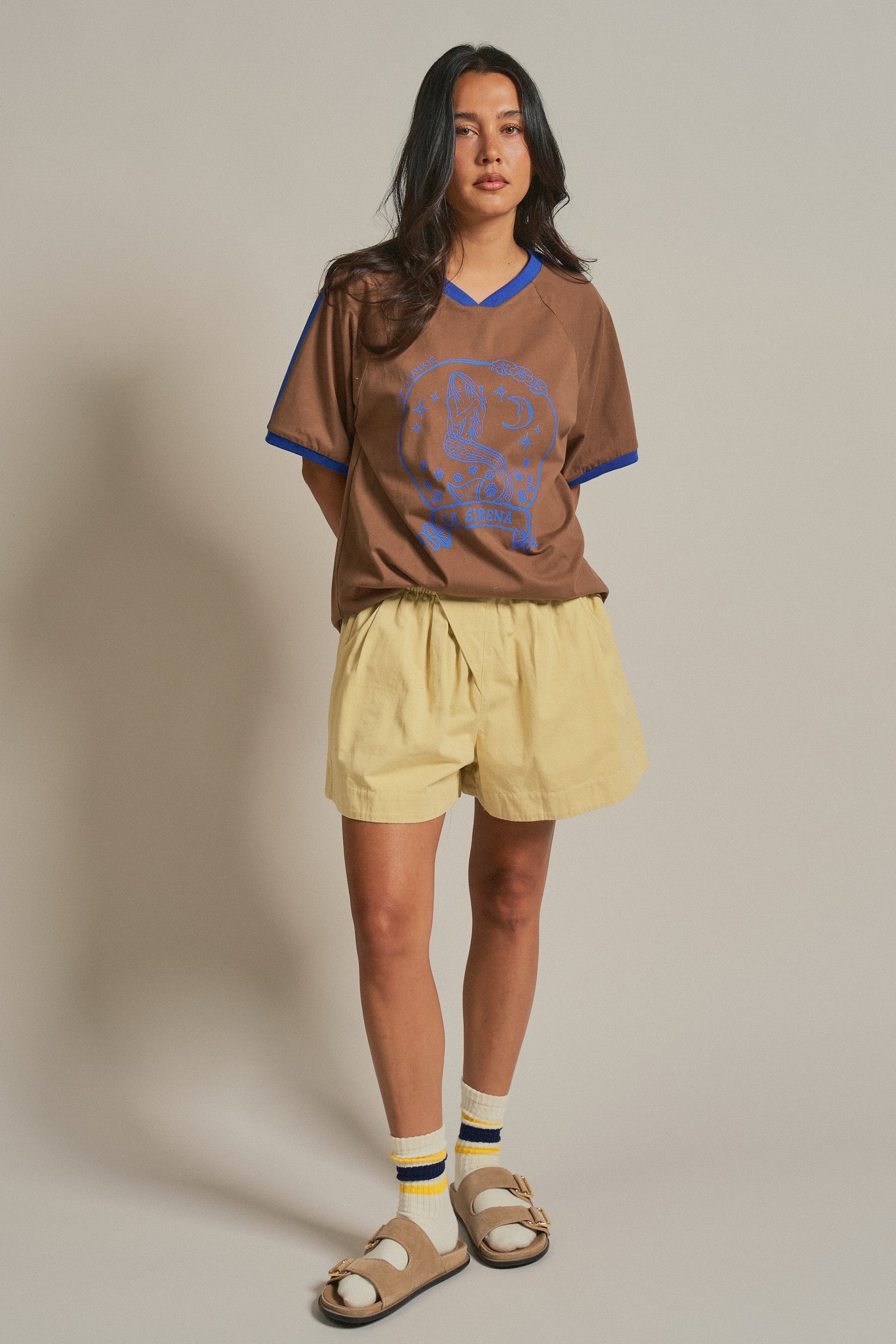 La Sirena Mermaid Graphic Ringer Tee in Brown - Women's Fashion | Urban Daizy