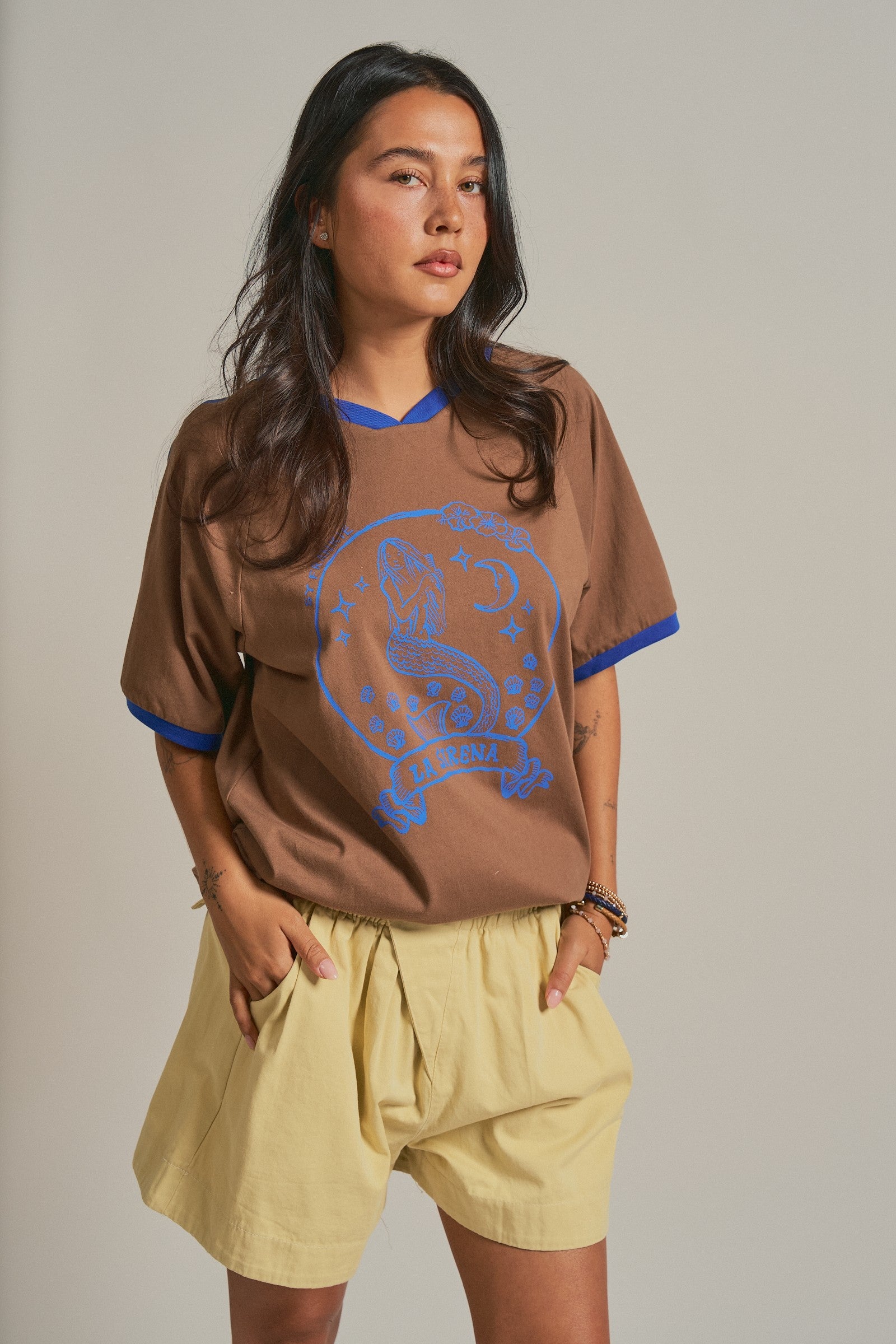 La Sirena Mermaid Graphic Ringer Tee in Brown - Women's Fashion | Urban Daizy