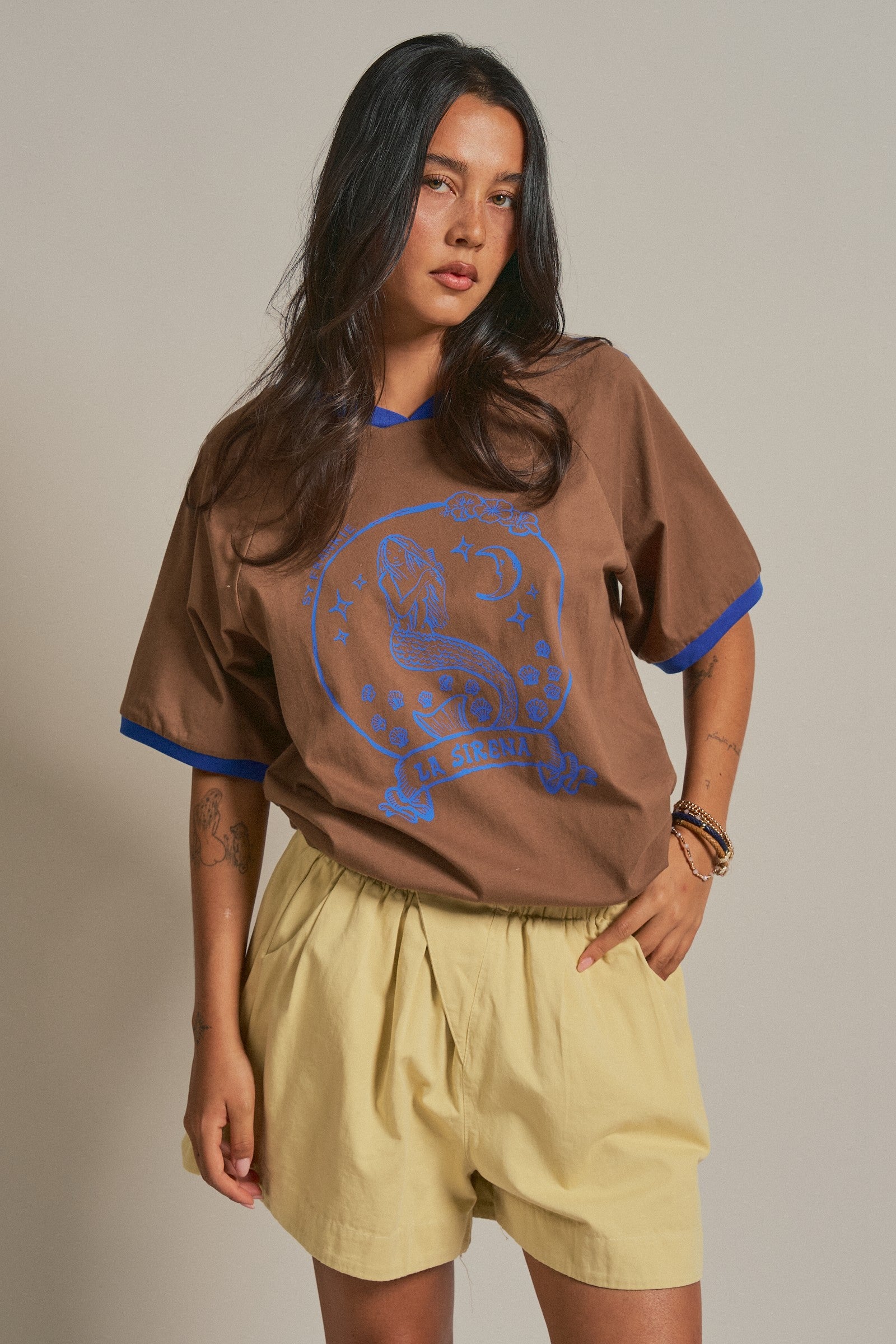 La Sirena Mermaid Graphic Ringer Tee in Brown - Women's Fashion | Urban Daizy