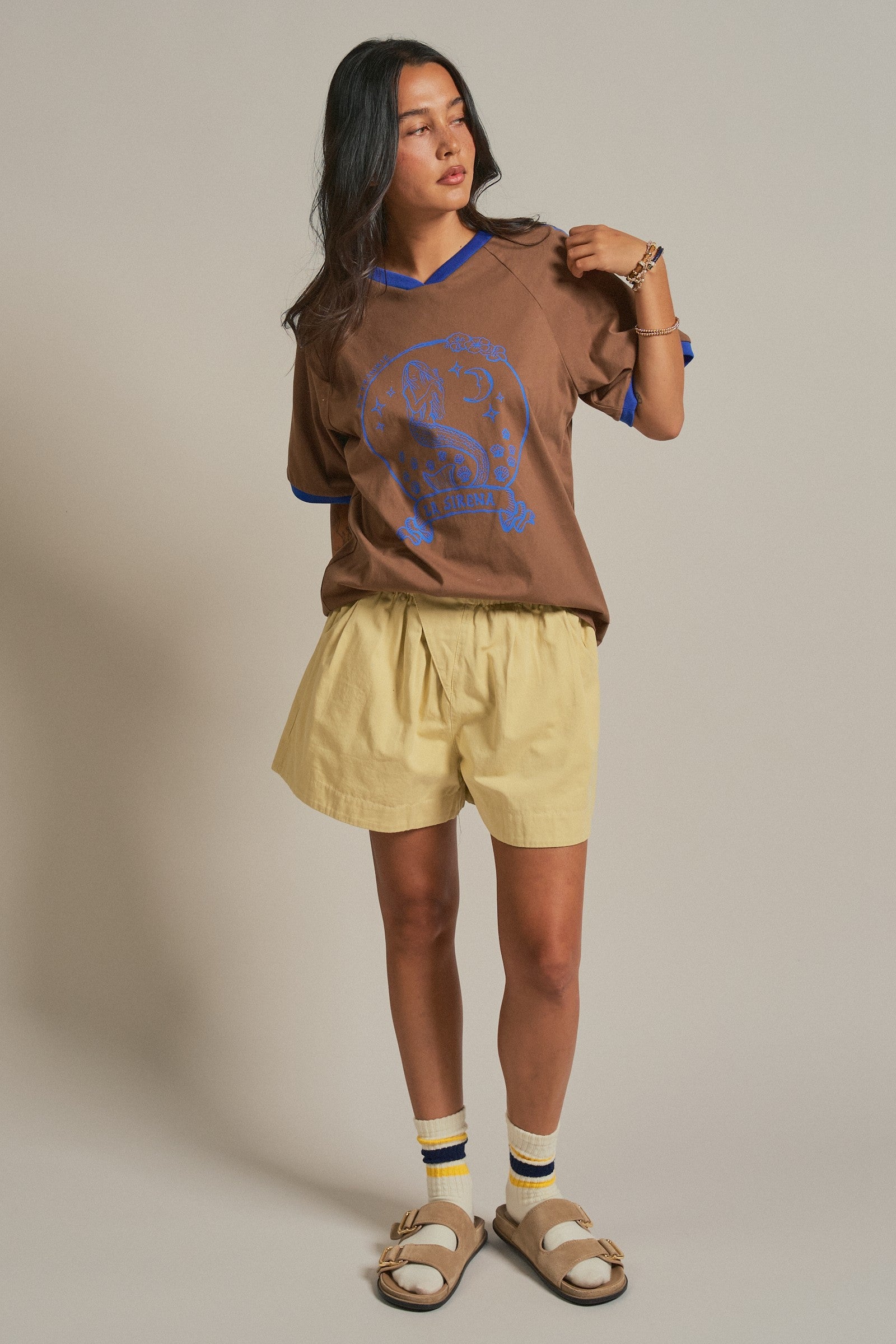 La Sirena Mermaid Graphic Ringer Tee in Brown - Women's Fashion | Urban Daizy