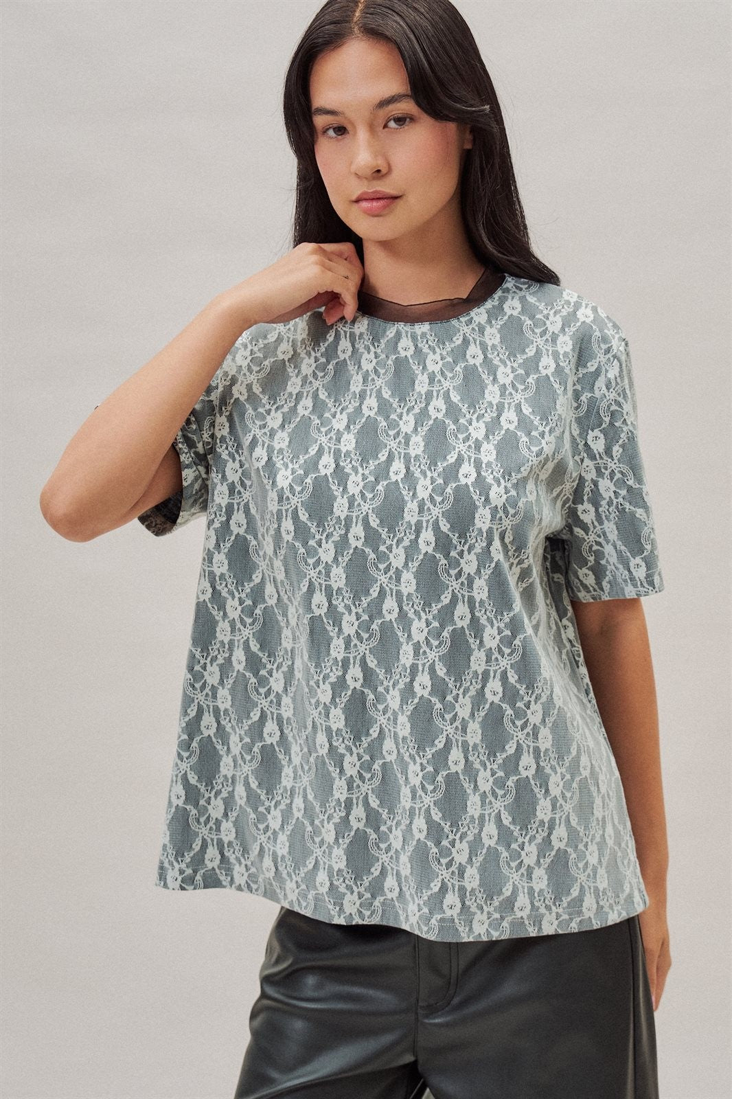 Floral Lace Overlay Boxy Tee with Mesh Neckline in Black - Women's Fashion | Urban Daizy