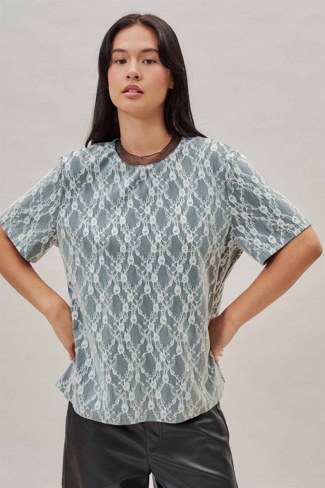 Floral Lace Overlay Boxy Tee with Mesh Neckline in Black - Women's Fashion | Urban Daizy