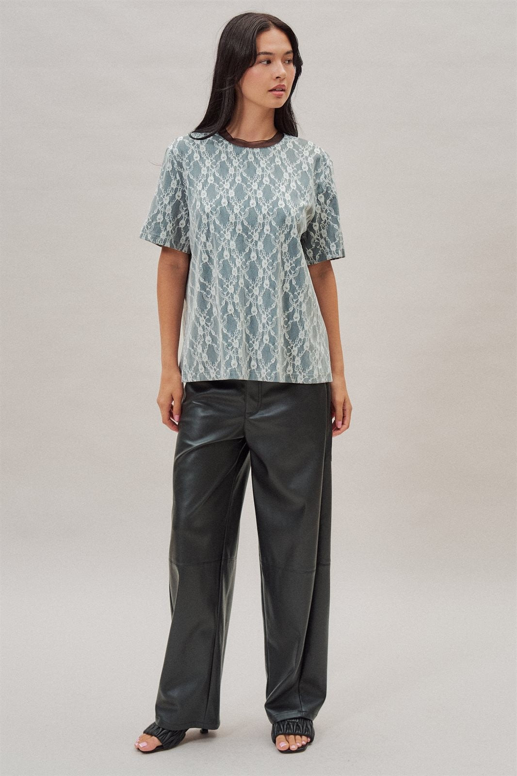 Floral Lace Overlay Boxy Tee with Mesh Neckline in Black - Women's Fashion | Urban Daizy