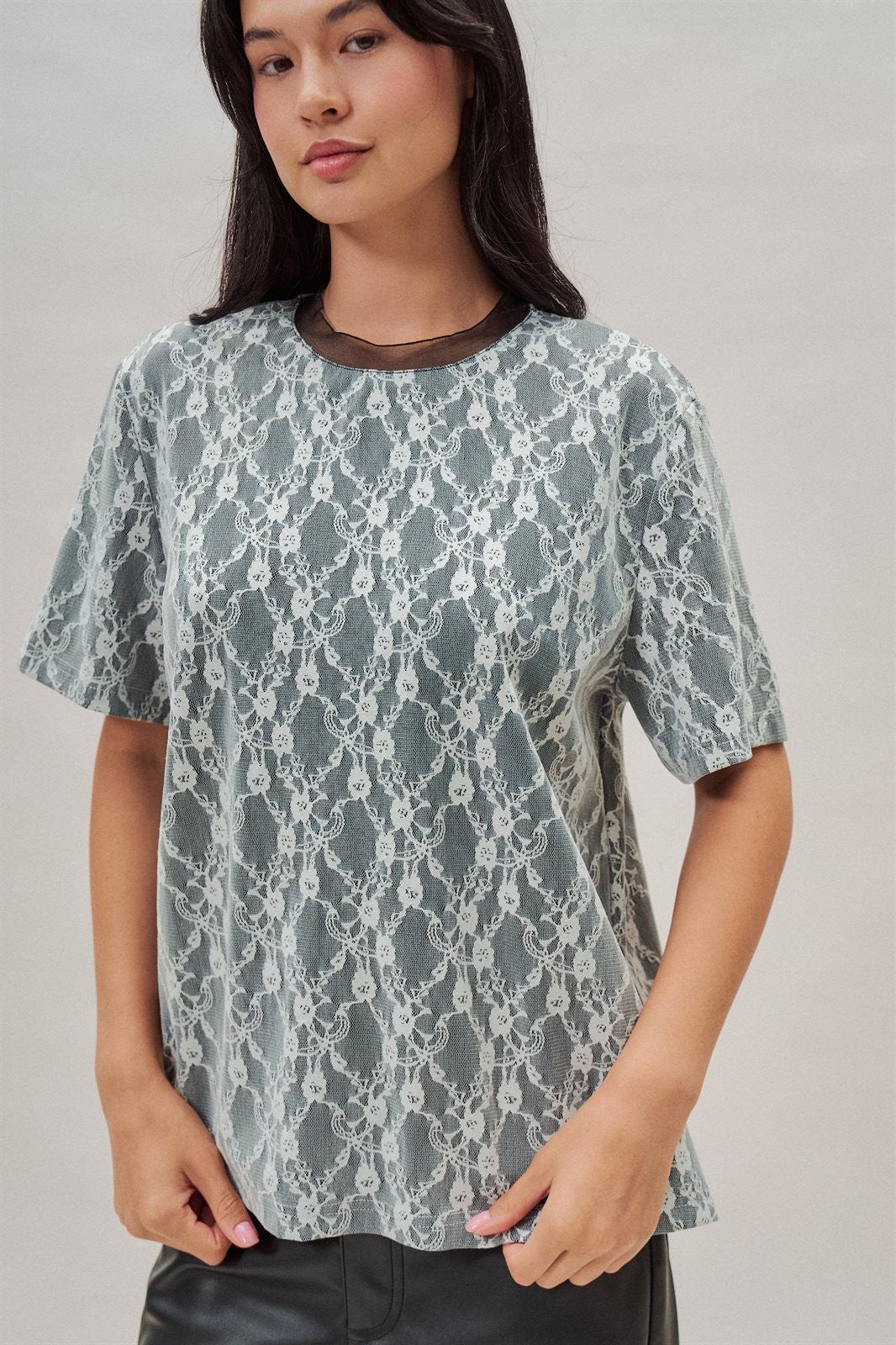 Floral Lace Overlay Boxy Tee with Mesh Neckline in Black - Women's Fashion | Urban Daizy