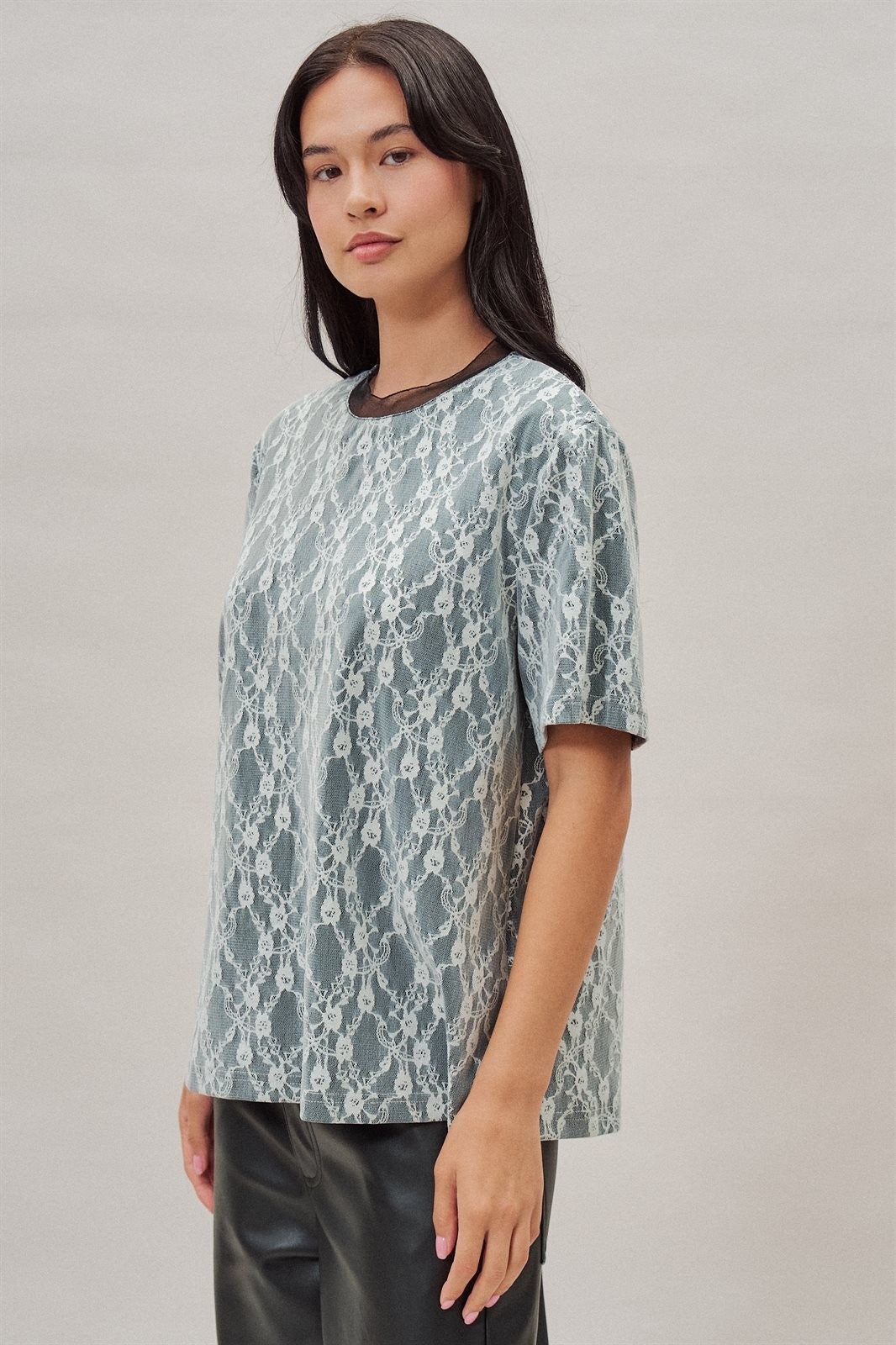 Floral Lace Overlay Boxy Tee with Mesh Neckline in Black - Women's Fashion | Urban Daizy