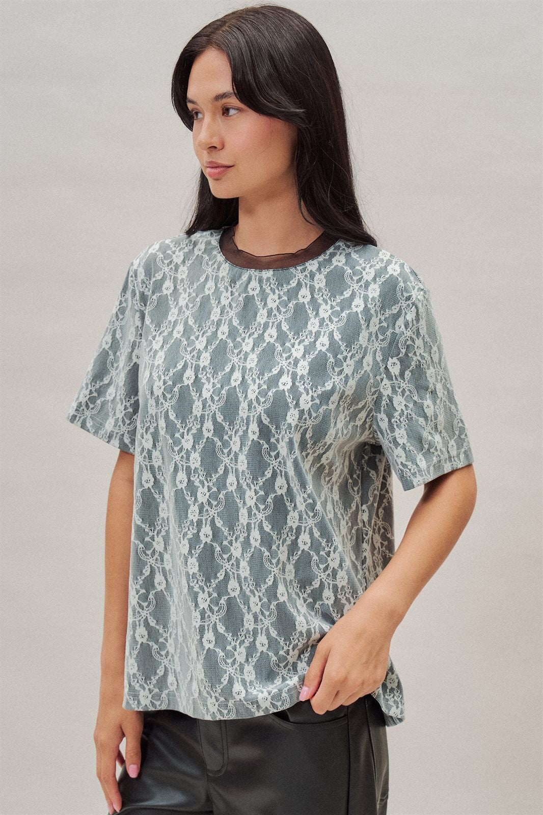 Floral Lace Overlay Boxy Tee with Mesh Neckline in Black - Women's Fashion | Urban Daizy